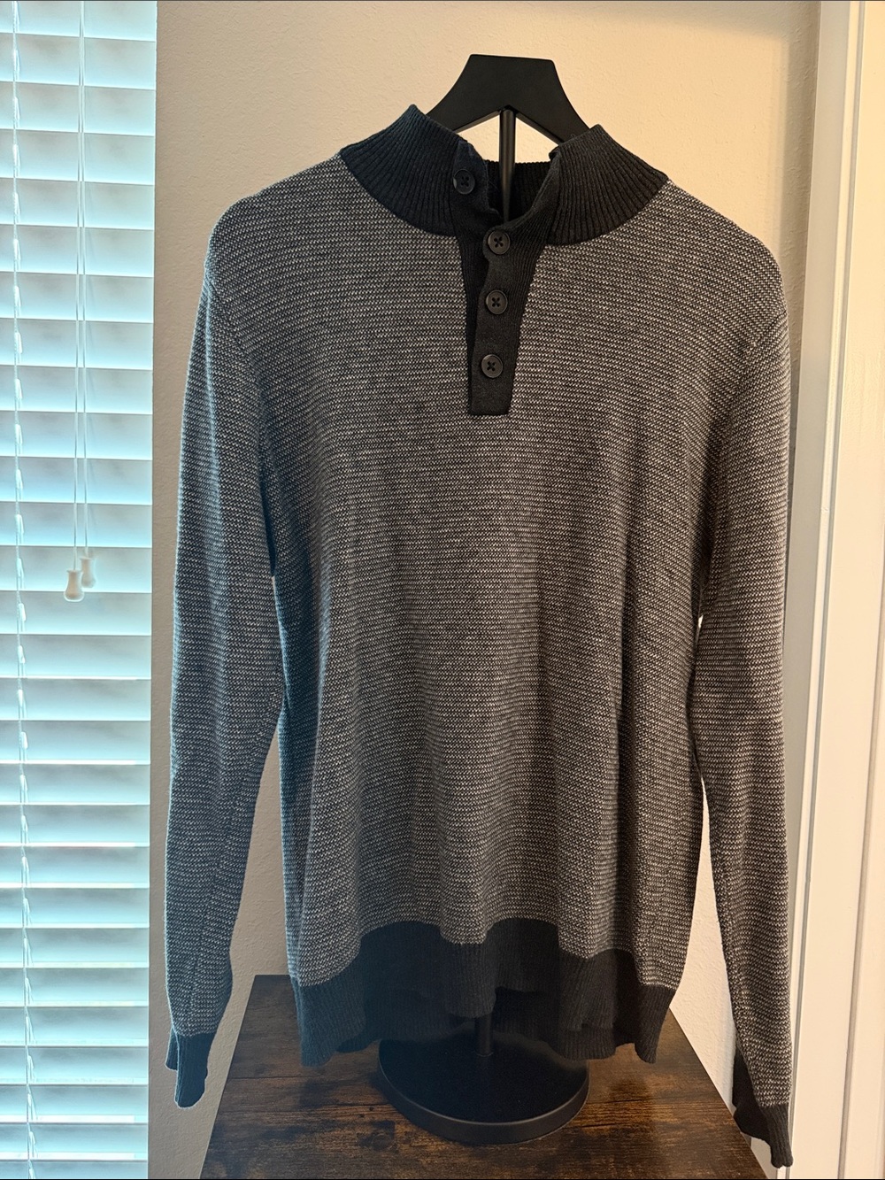 Navy Button-Neck Crewneck Sweater